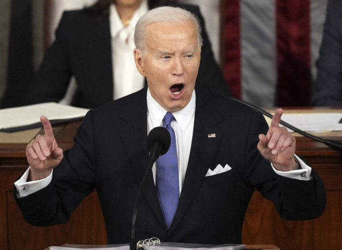 Joe Biden, discorso sullo stato dell'Unione, 7 marzo 2024 (foto AP via LaPresse) Joe Biden, discorso sullo stato dell'Unione, 7 marzo 2024 (foto AP via LaPresse)