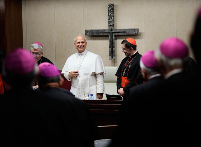 Pope Leo XIV meets with Spain's bishops at the Spanish Episcopal Conference, in Madrid, Monday, June 8, 2026. (AP Photo/Alessandra Tarantino)
