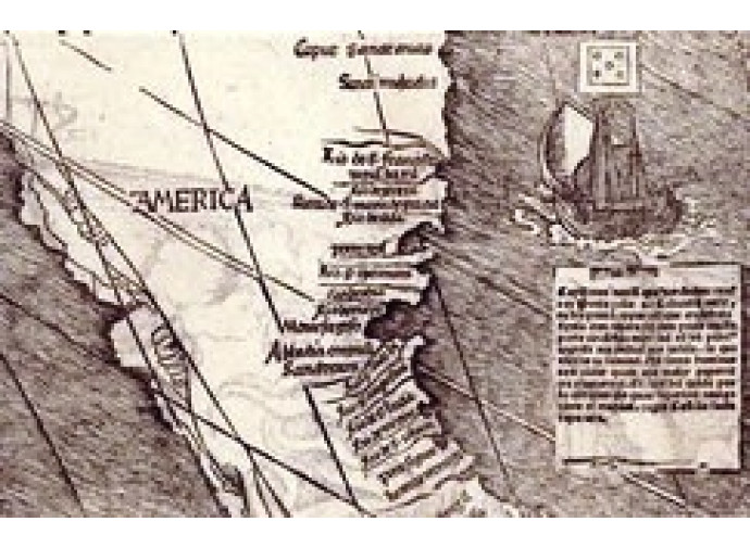 Martin Waldseemüller (1470-1521), "Universalis cosmographia secundum Ptholomaei traditionem et Americi Vespucii aliorumque lustrationes", 1507 (part.) Martin Waldseemüller (1470-1521), "Universalis cosmographia secundum Ptholomaei traditionem et Americi Vespucii aliorumque lustrationes", 1507 (part.)