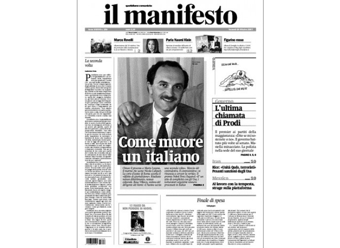 La prima pagina del Manifesto con la noitizia della morte di Calipari