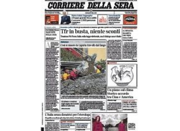 La prima pagina del Corriere della Sera La prima pagina del Corriere della Sera