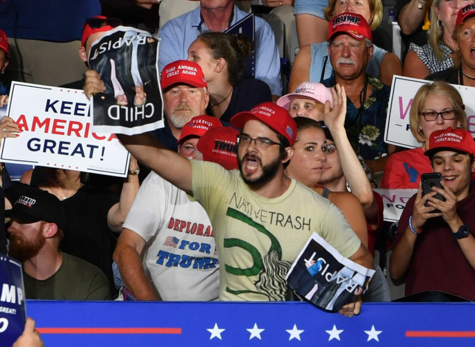 Contestatore sventola la foto di Epstein con Trump Contestatore sventola la foto di Epstein con Trump
