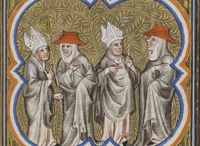Miniatura del XV secolo, dalle Cronache di Jean Froissart: scissione Chiesa in due "obbedienze" Miniatura del XV secolo, dalle Cronache di Jean Froissart: scissione Chiesa in due "obbedienze"