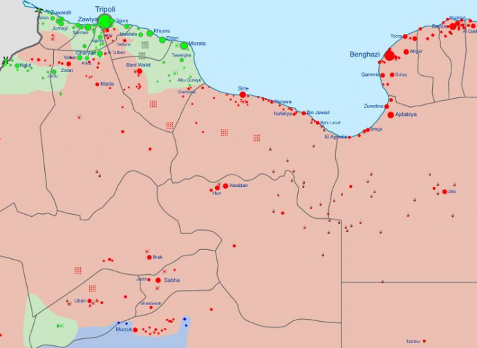 Libia, situazione al 14 aprile 2020 (in verde Gna, in rosso Lna)