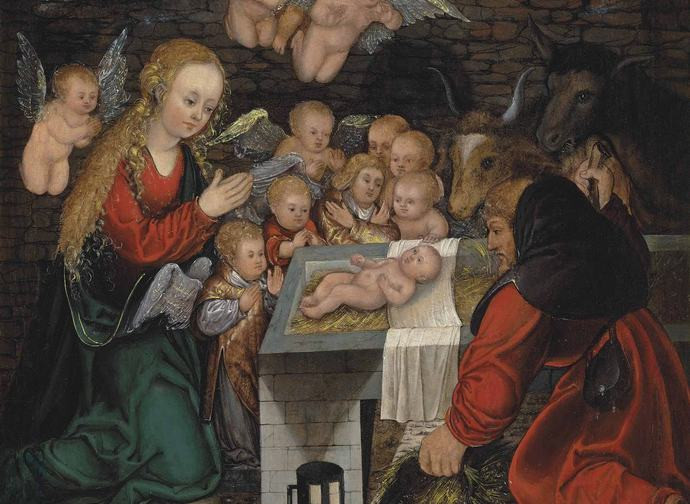 Lucas Cranach il vecchio e cerchia (1472-1553) La Sacra Famiglia con angeli - bambini e pastori (c.1500?) Lucas Cranach il vecchio e cerchia (1472-1553) La Sacra Famiglia con angeli - bambini e pastori (c.1500?)