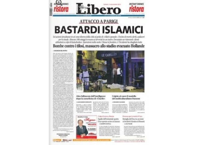 La prima pagina di Libero dopo il massacro di Parigi La prima pagina di Libero dopo il massacro di Parigi