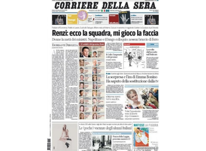 Corriere della Sera, la prima pagina del governo Renzi Corriere della Sera, la prima pagina del governo Renzi