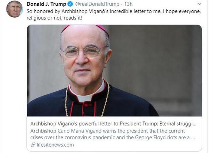 Il tweet di Trump dopo la lettera di mons. Viganò Il tweet di Trump dopo la lettera di mons. Viganò