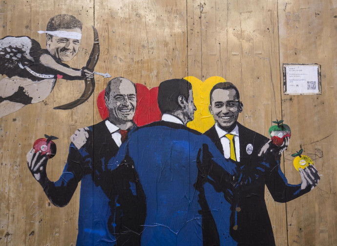 Il governo giallo-rosso nel graffito di TVBOY (Roma)
